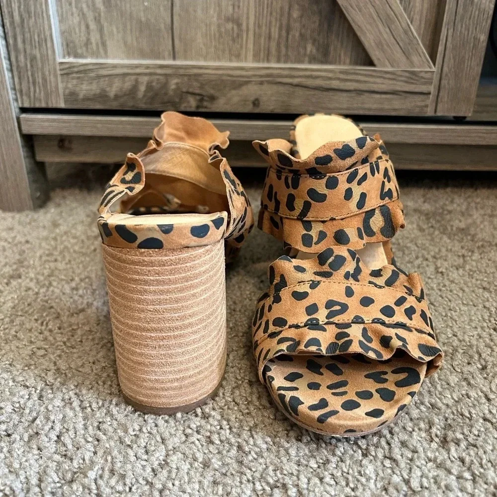 Leopard Print Ruffle Strap Block Heel Mules - Brown - Picture 8 of 13